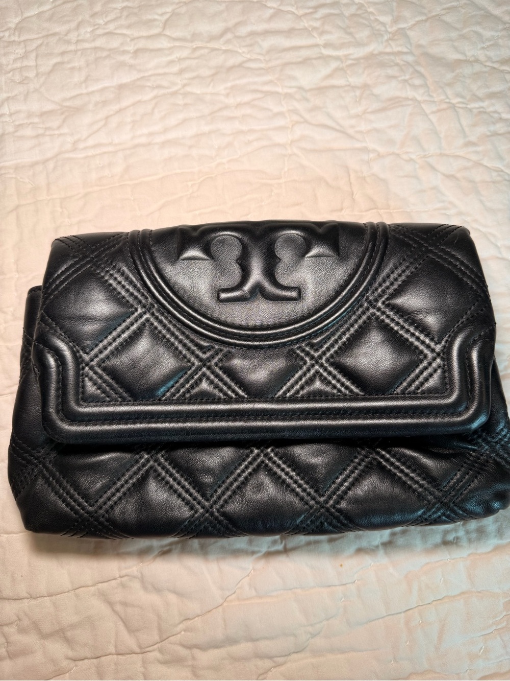 Tory Burch Black Quilted Leather Fold-Over Clutch